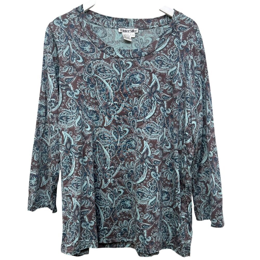 Winter Silks Paisley Silk Cotton Tee Plus Size 2X Long Sleeve Turquoise Layering